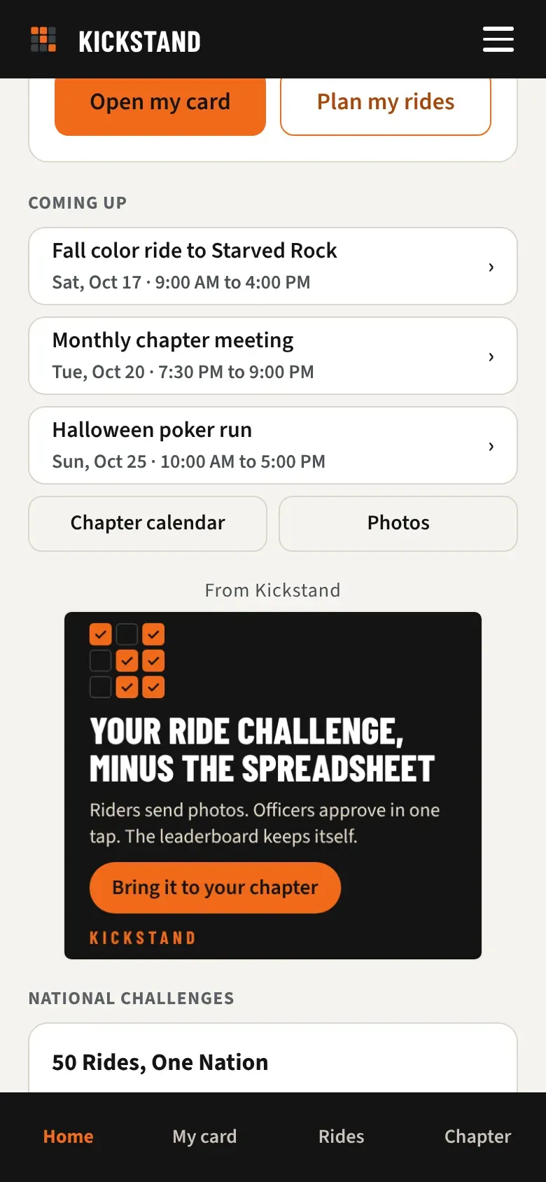 A Kickstand ad on a rider’s Home screen with From Kickstand above it
