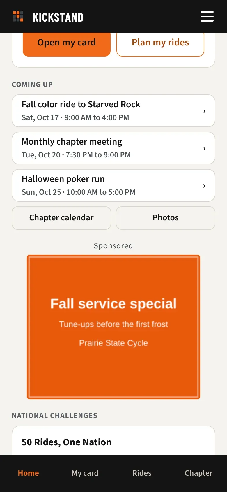 A rider’s Home screen with a 300 x 250 ad and the word Sponsored above it