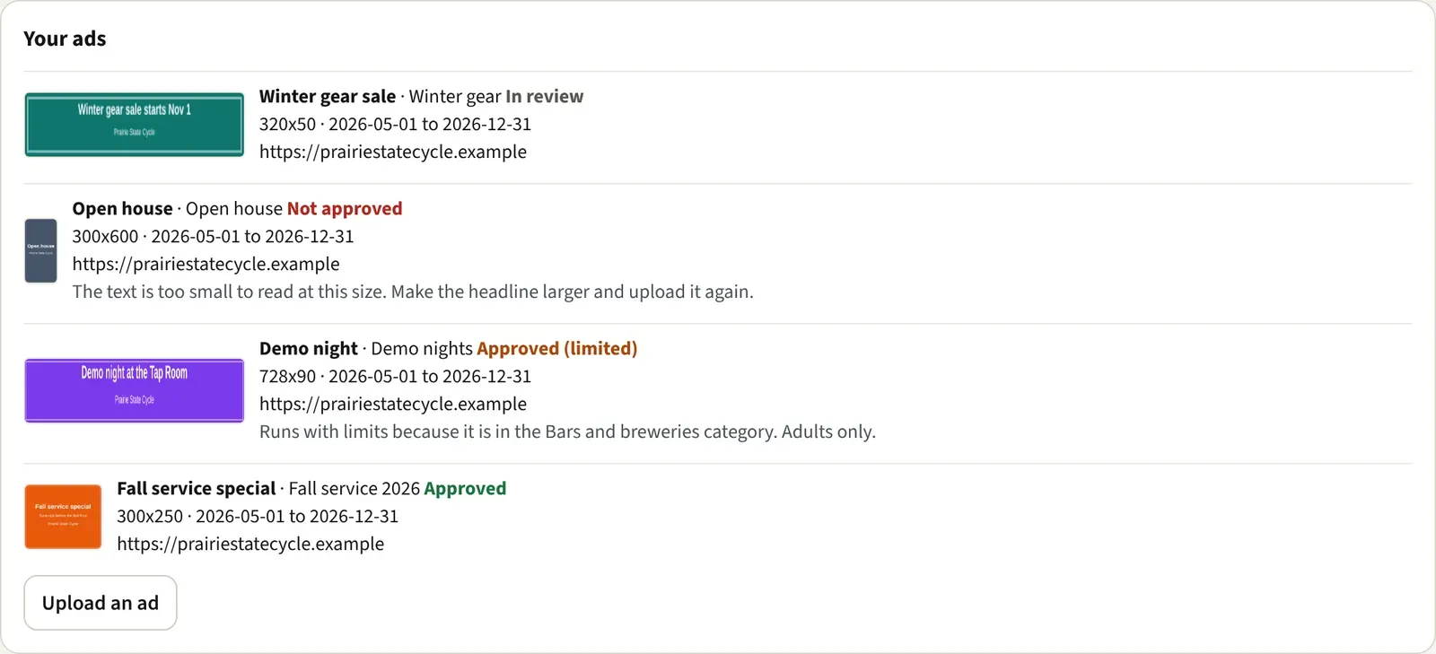 Four ads in Your ads, one in each review status, with the reason shown under the Not approved ad