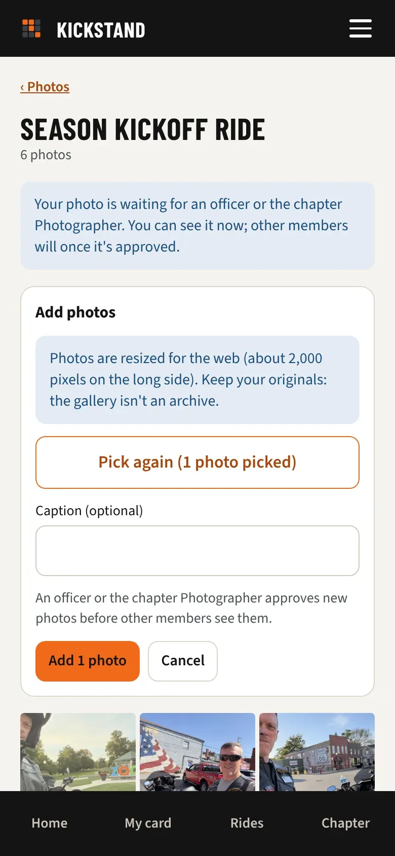 The Add photos box with the photo picker, the caption field, and the Add photos button