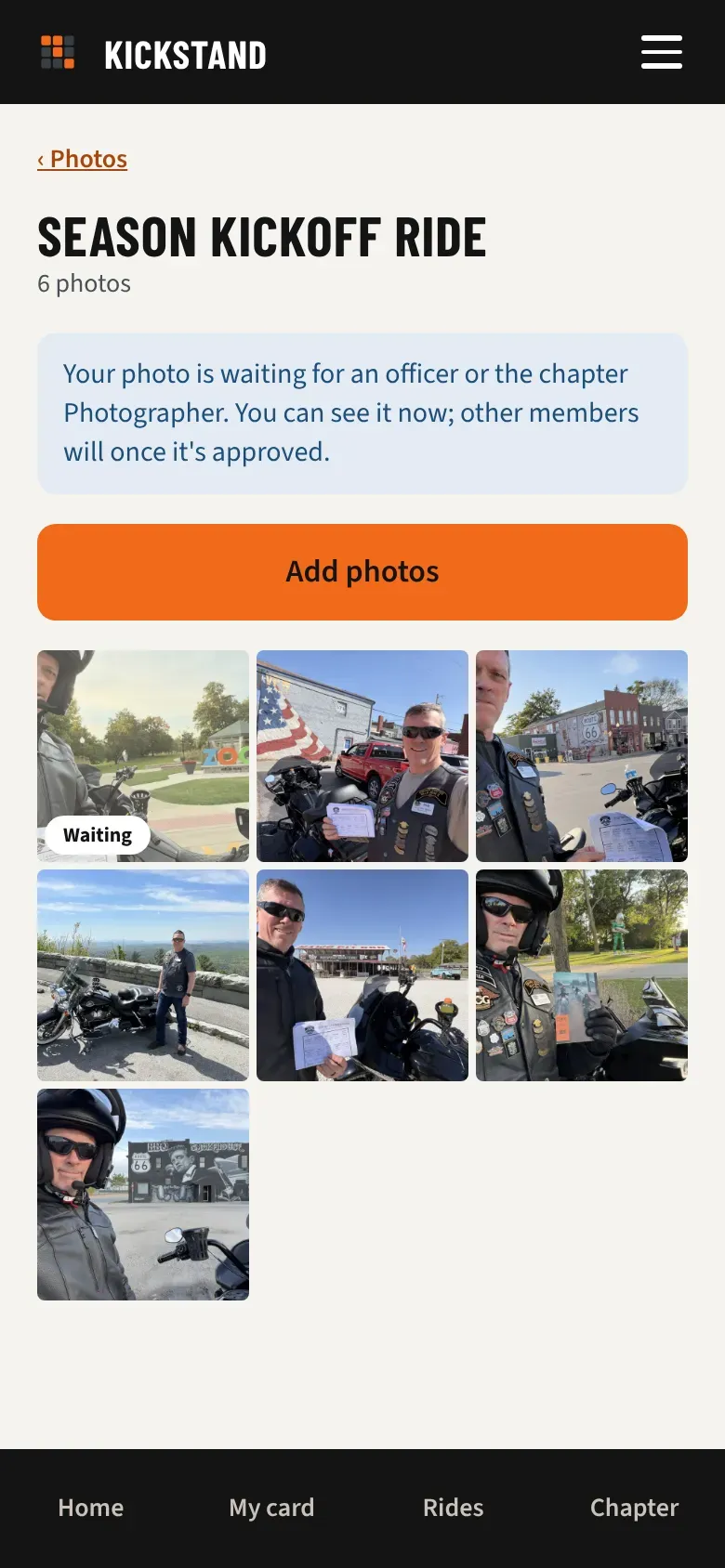 An album where one of your photos has a Waiting badge, with a note that it is waiting for an officer or the chapter Photographer