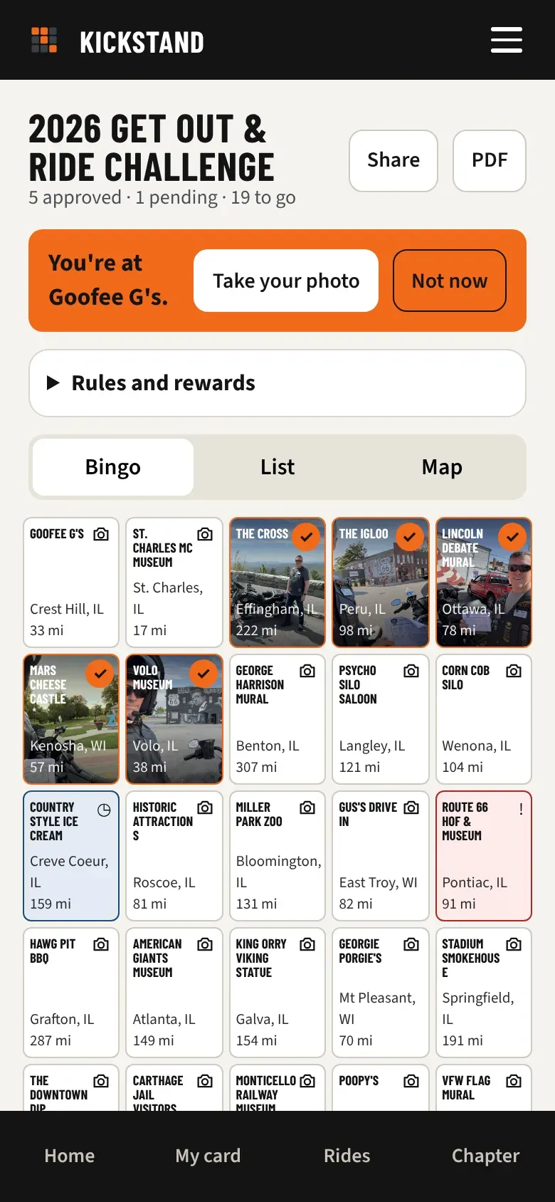 The card with an orange banner that says You’re at a stop, with Take your photo and Not now buttons