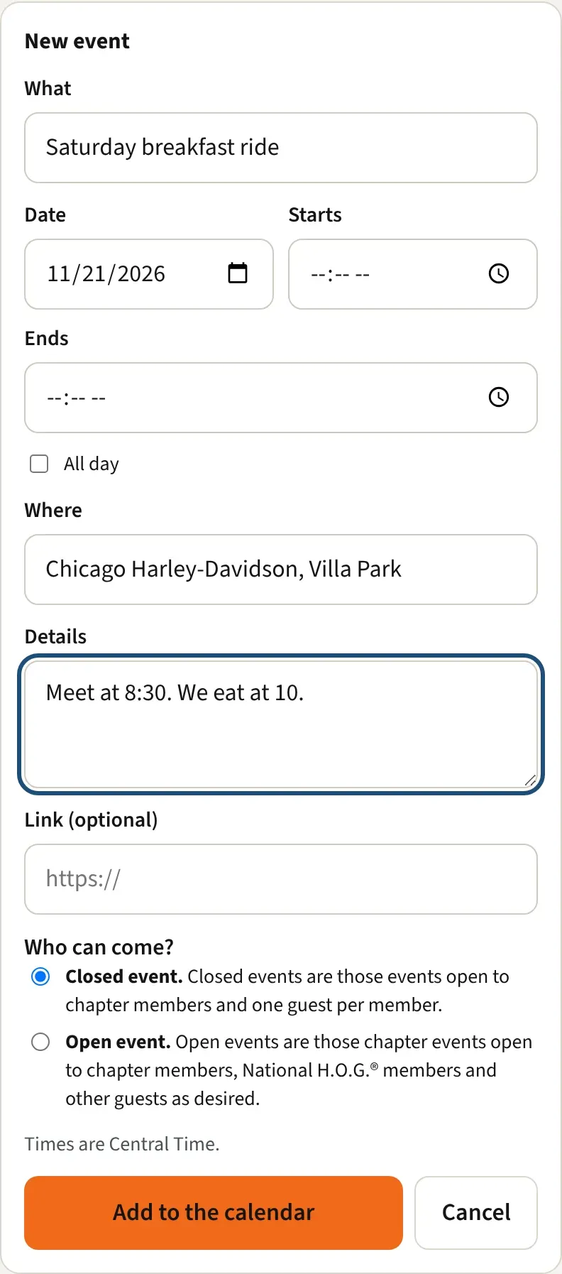 The New event form on the chapter calendar