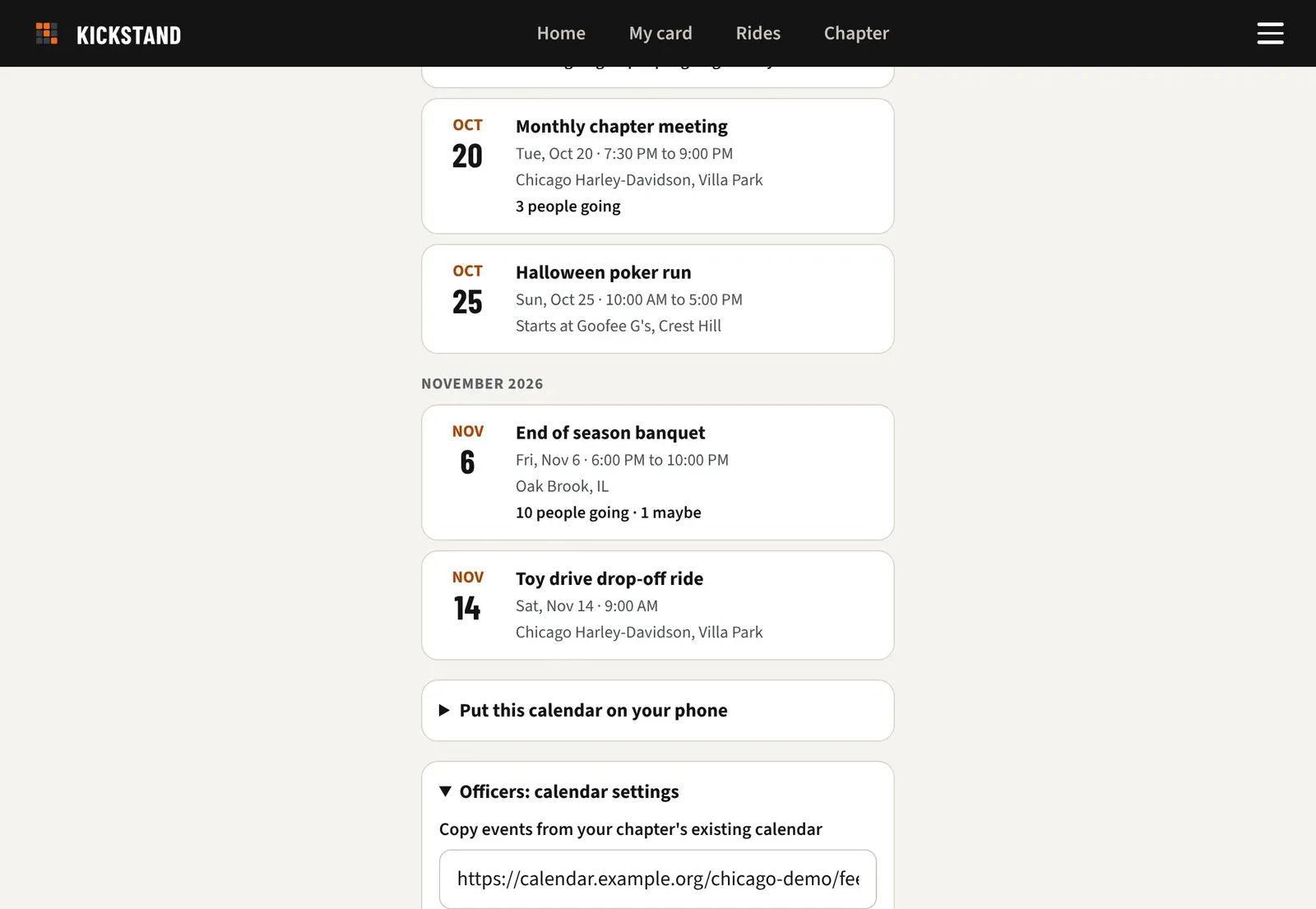 The Officers: calendar settings box with the calendar link field and the Save, Copy now, and New subscribe link buttons