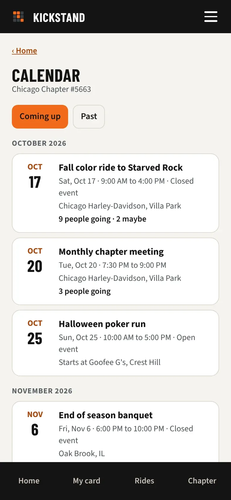 The chapter calendar on a phone, with the Coming up and Past tabs and events grouped by month