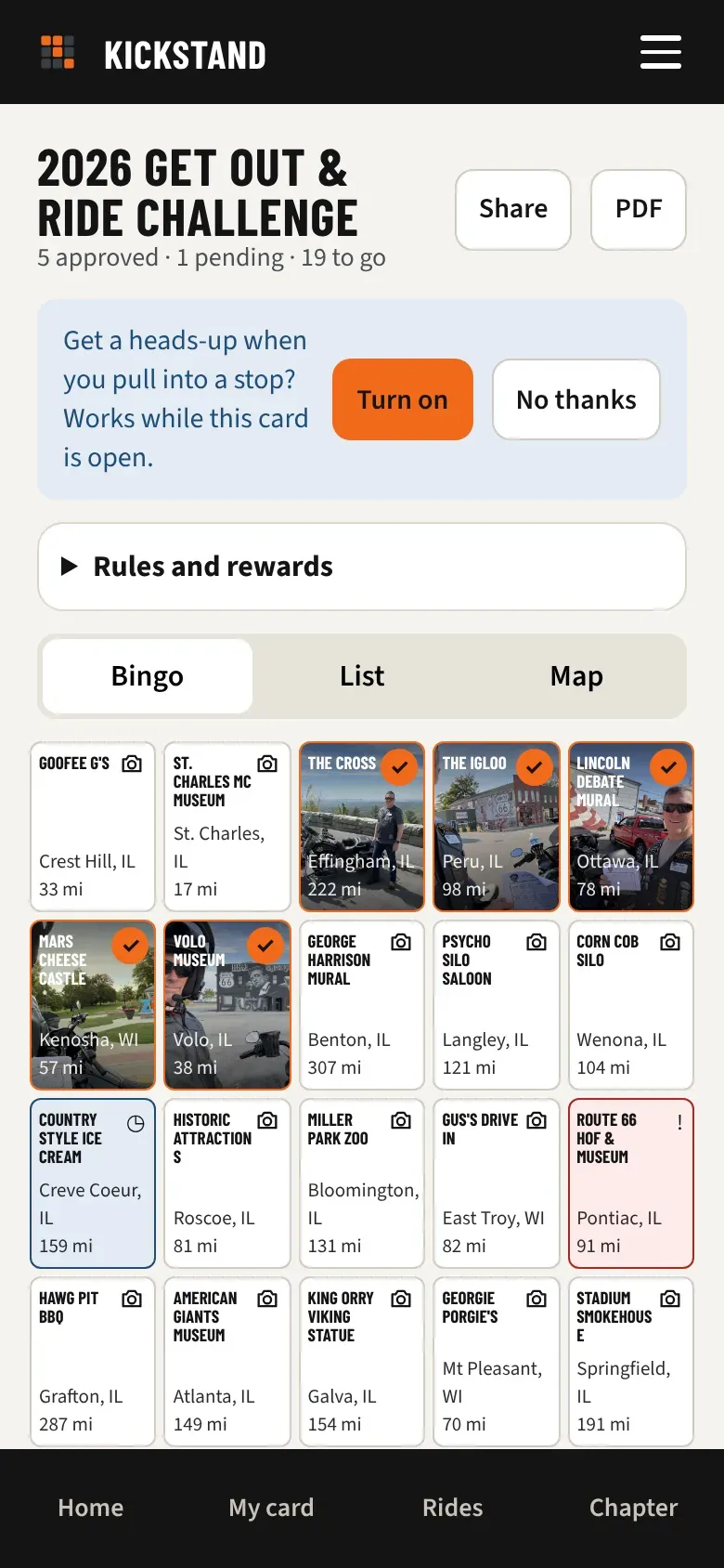 The bingo card with one red square marked with an exclamation point