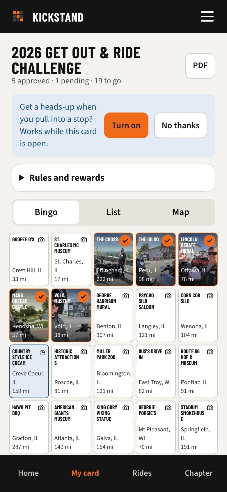 The bingo card: five approved stops with photos, one pending, and the rest still to go