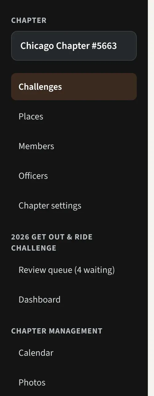 The Chapter console sidebar with Challenges, Places, Members, Officers, Chapter settings, the open challenge’s Review queue and Dashboard, and Chapter management