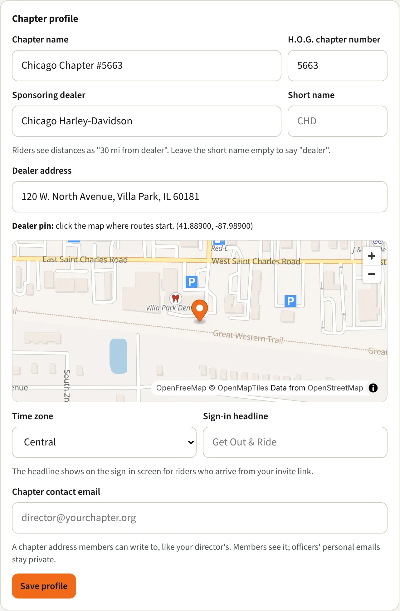 The Chapter profile card with the chapter name, dealer, time zone, and contact email