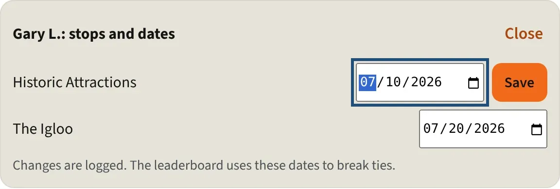 A rider’s stops and dates panel with a Save button next to a changed date