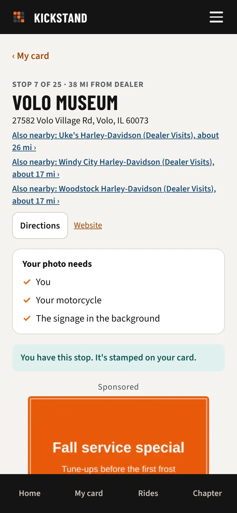 A chapter stop page with an Also nearby line that links to a dealership