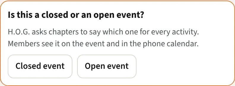 An event page with the Is this a closed or an open event? box and its Closed event and Open event buttons