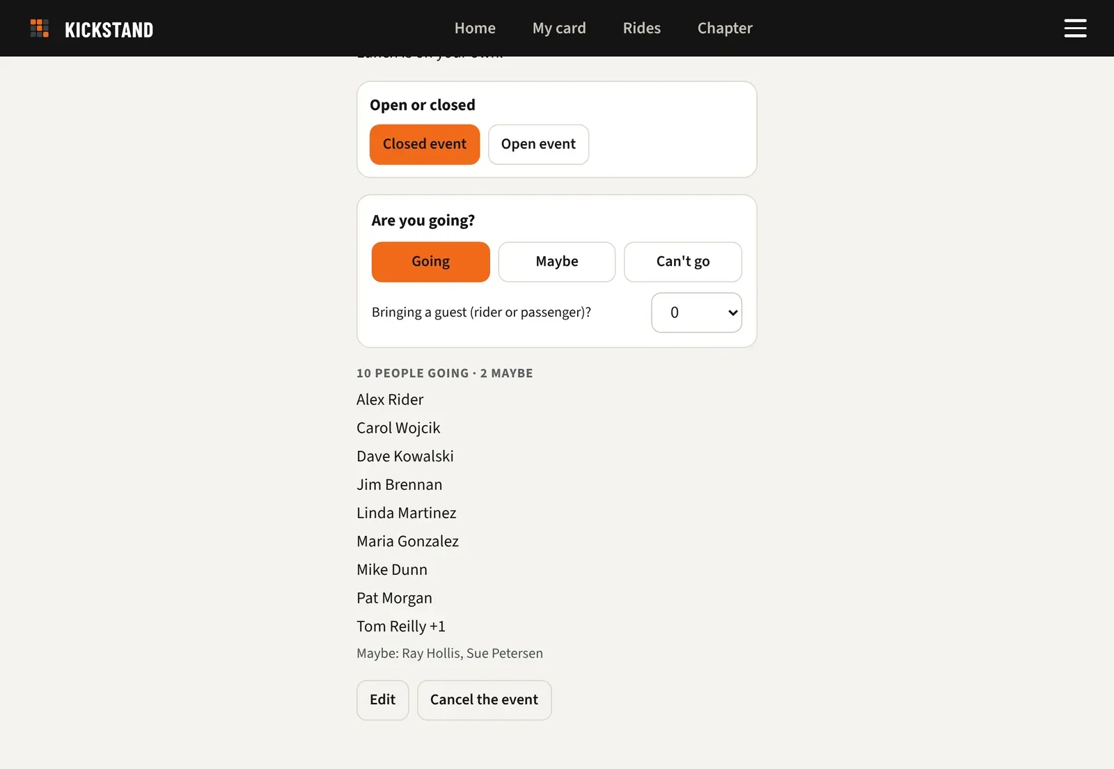 An event page with the Edit and Cancel the event buttons under the list of who is going