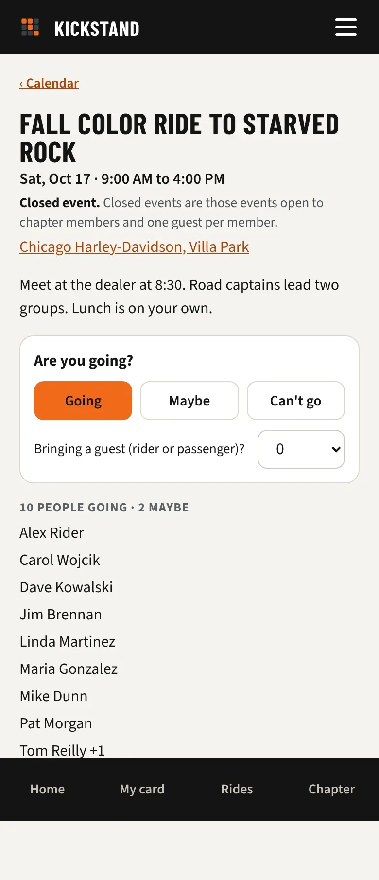 An event page with Going selected, the guests picker, and the list of who is going