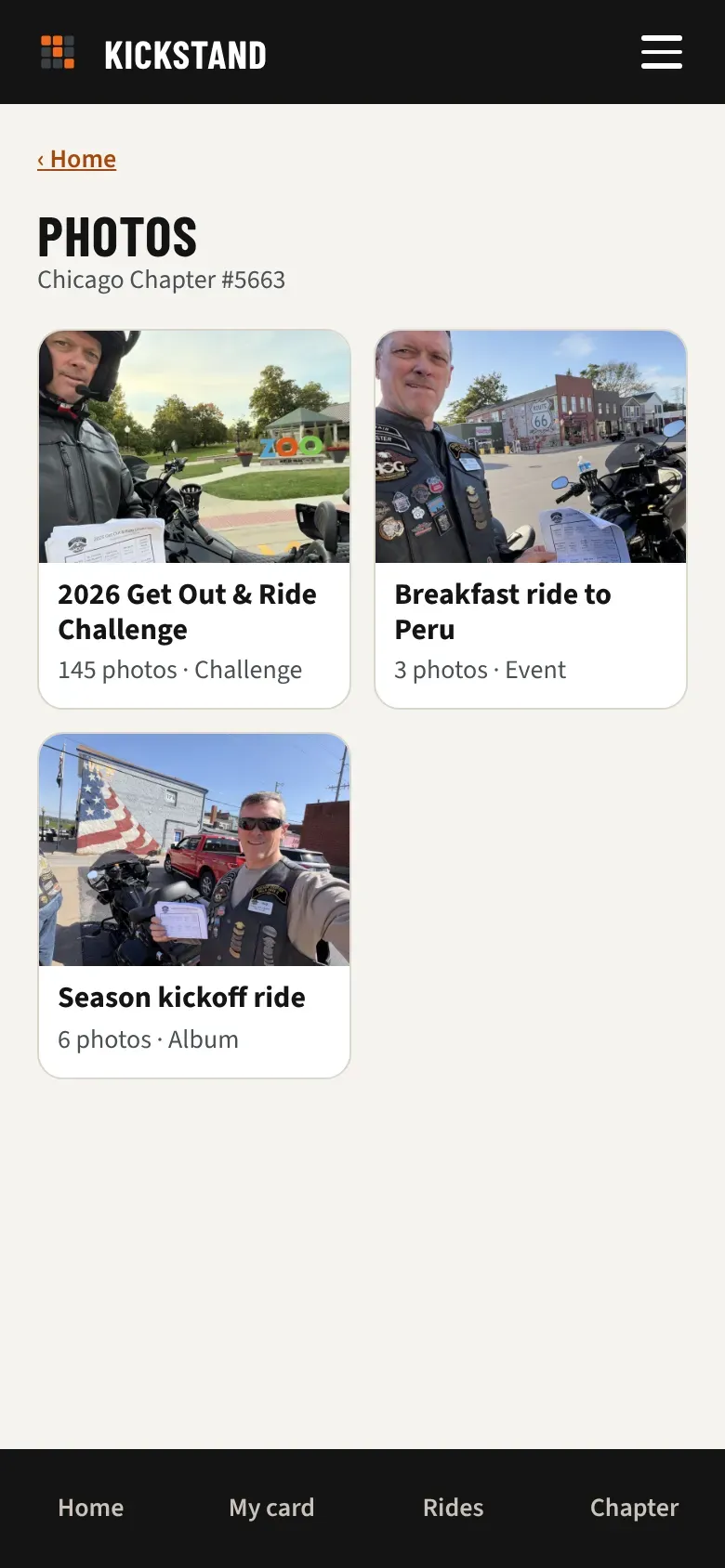 The Photos page on a phone with the chapter’s albums, each showing a cover photo and a photo count