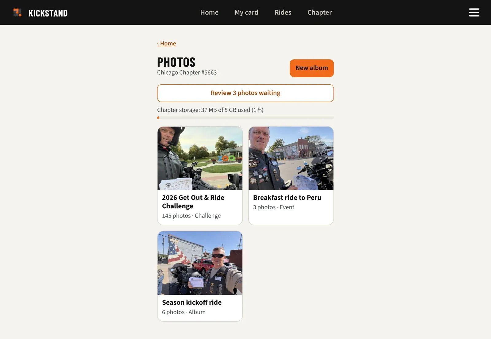 The Photos page with New album, the review button, the storage meter, and the album tiles