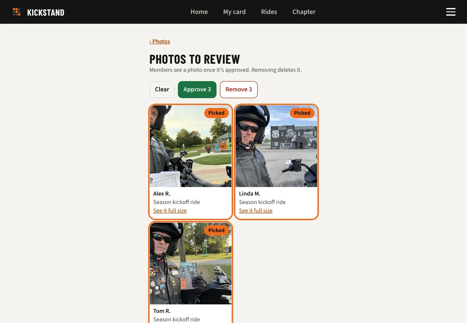 The Photos to review grid with some photos picked and the Pick all, Approve, and Remove buttons