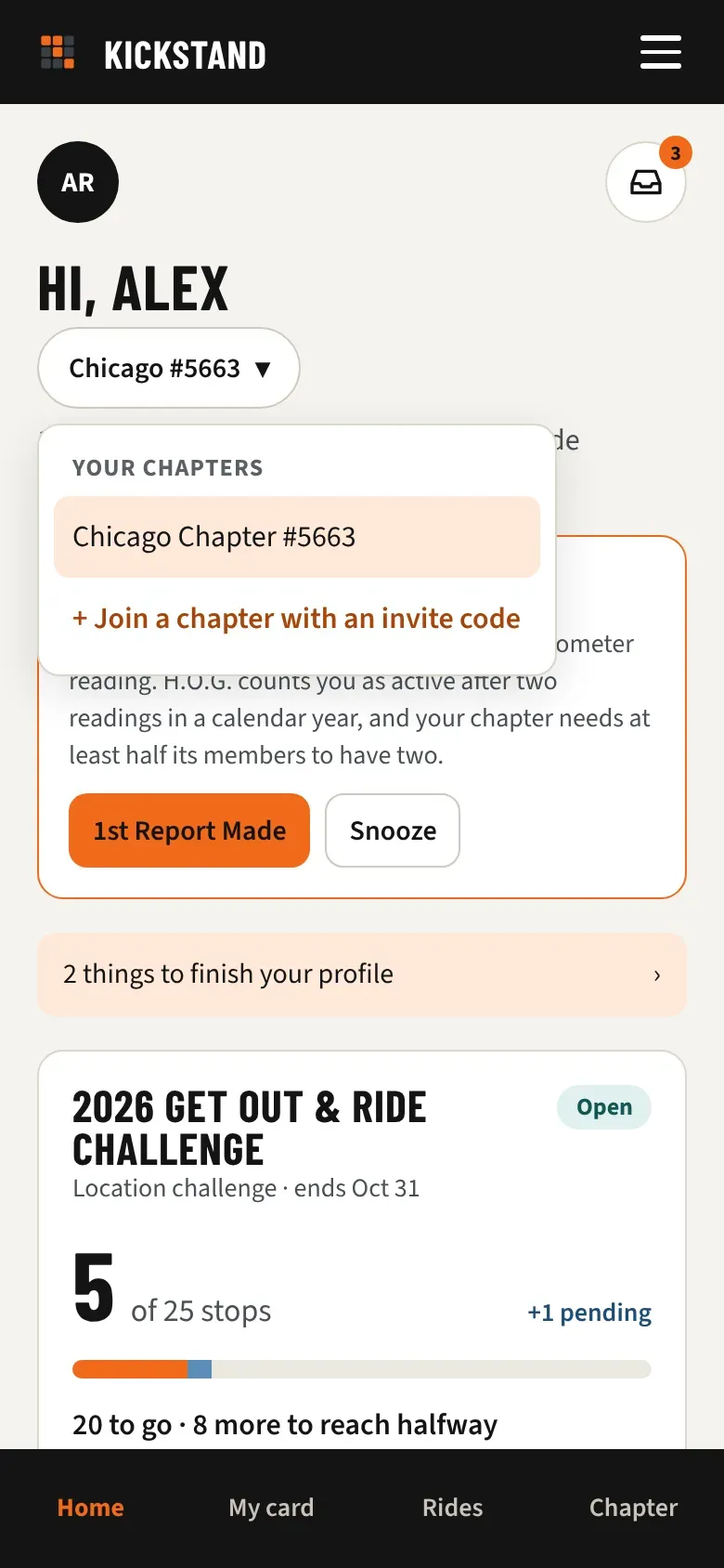 The list of your chapters on Home with the option to join another