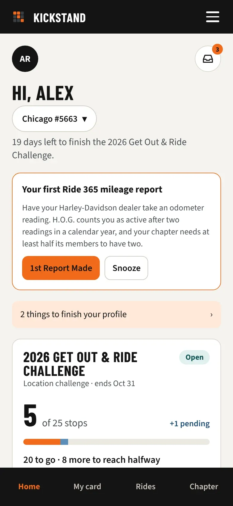 The inbox icon on Home with an orange number showing three unread messages