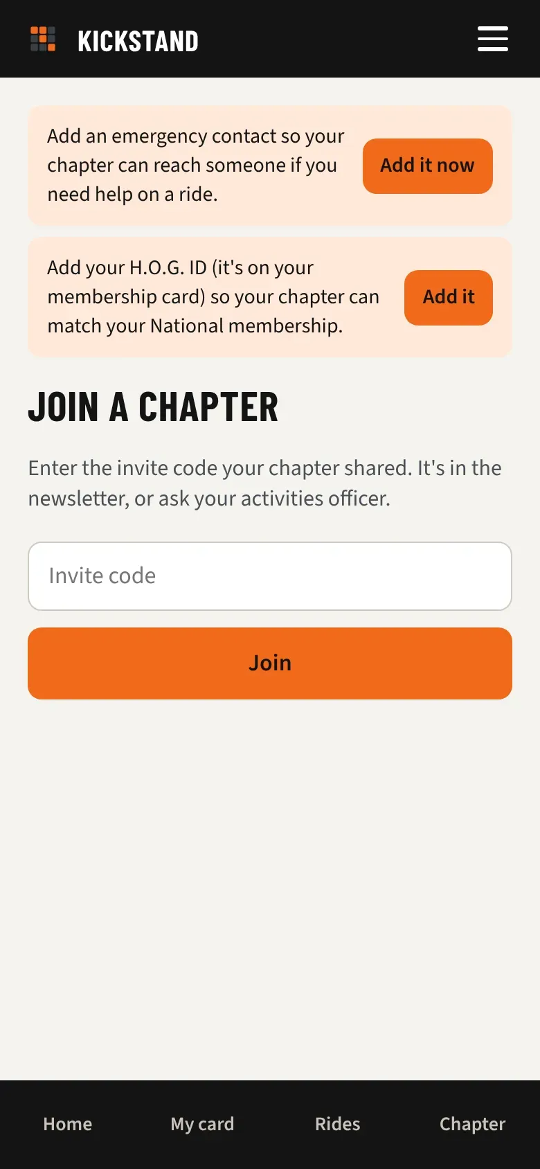The Join a chapter screen with the Invite code box and the Join button