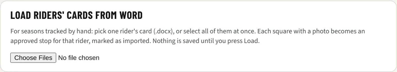 The Load riders’ cards from Word section at the bottom of challenge setup
