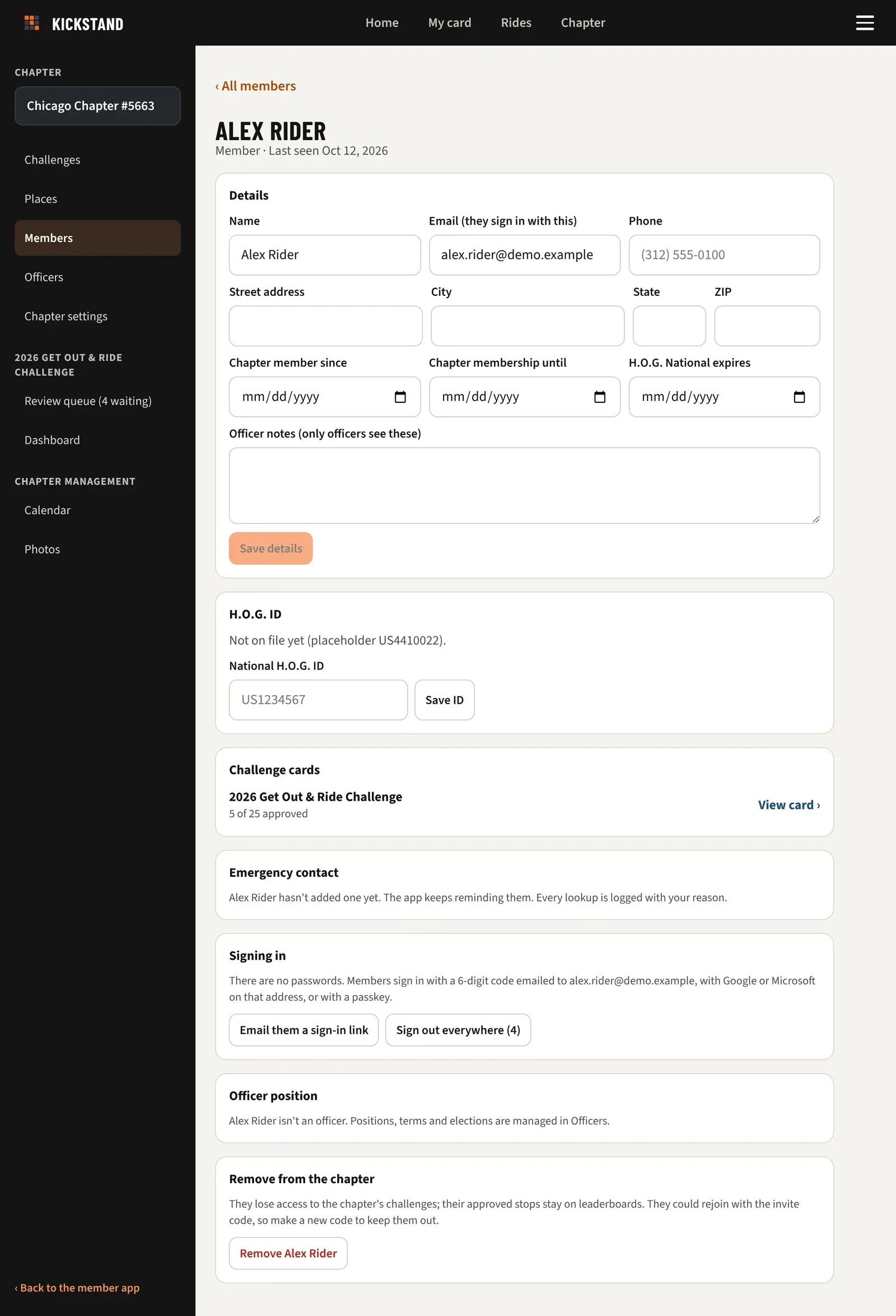 A member’s page with the Details form, H.O.G. ID, Emergency contact and Signing in sections