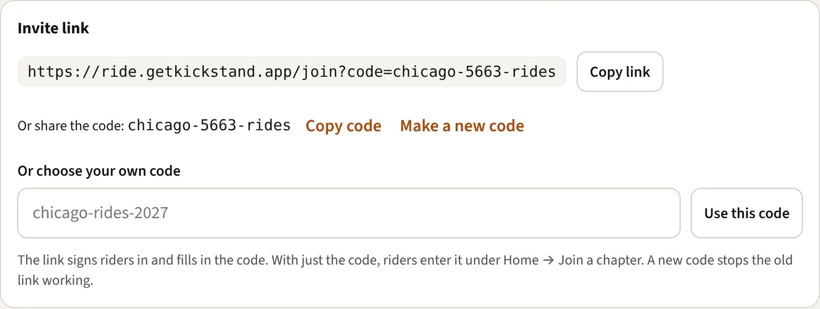 The Invite link card on Members with the link, the code, and the buttons to copy or change them