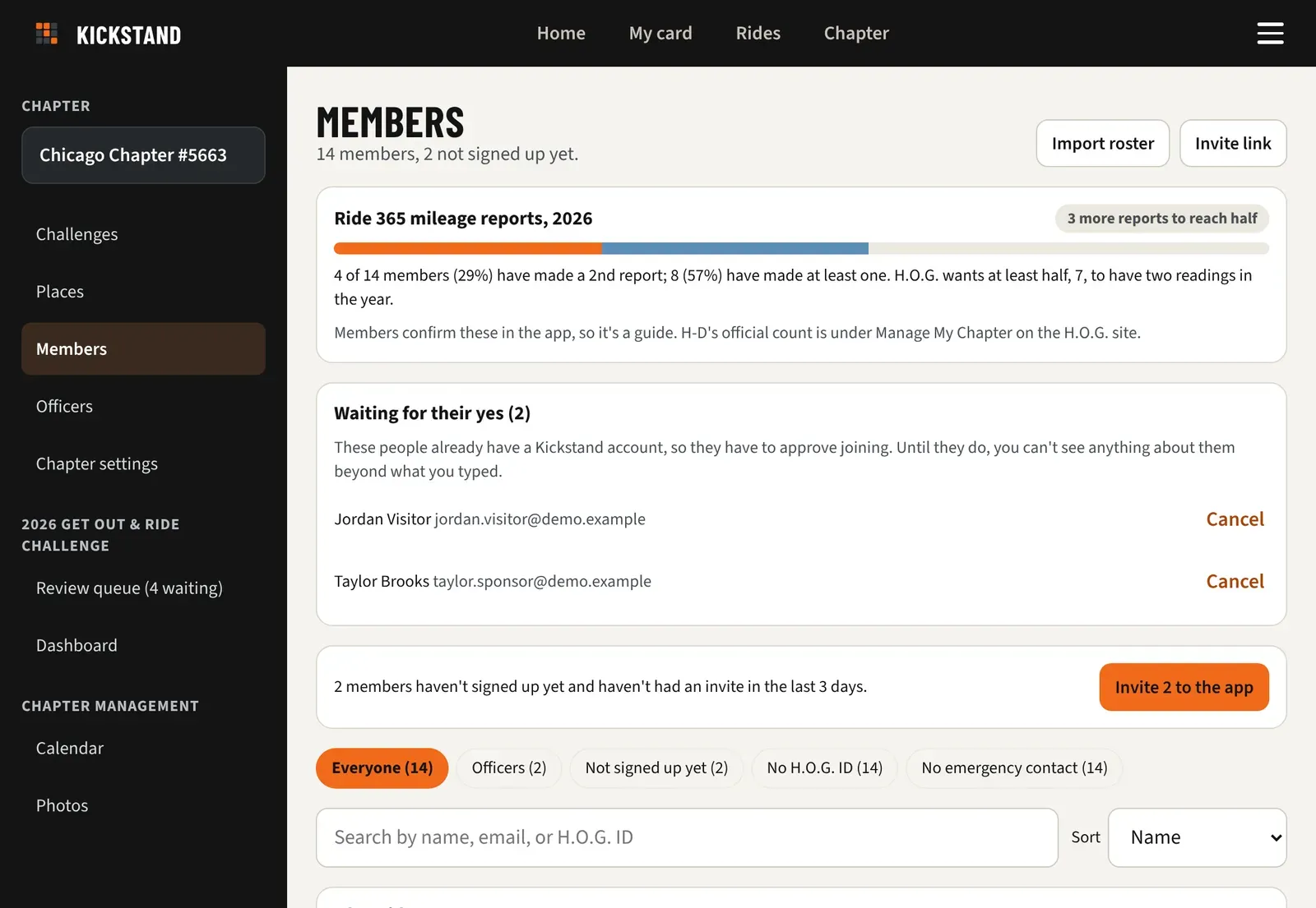 The Members page with the Invite 11 to the app bar, filter chips, and the member list