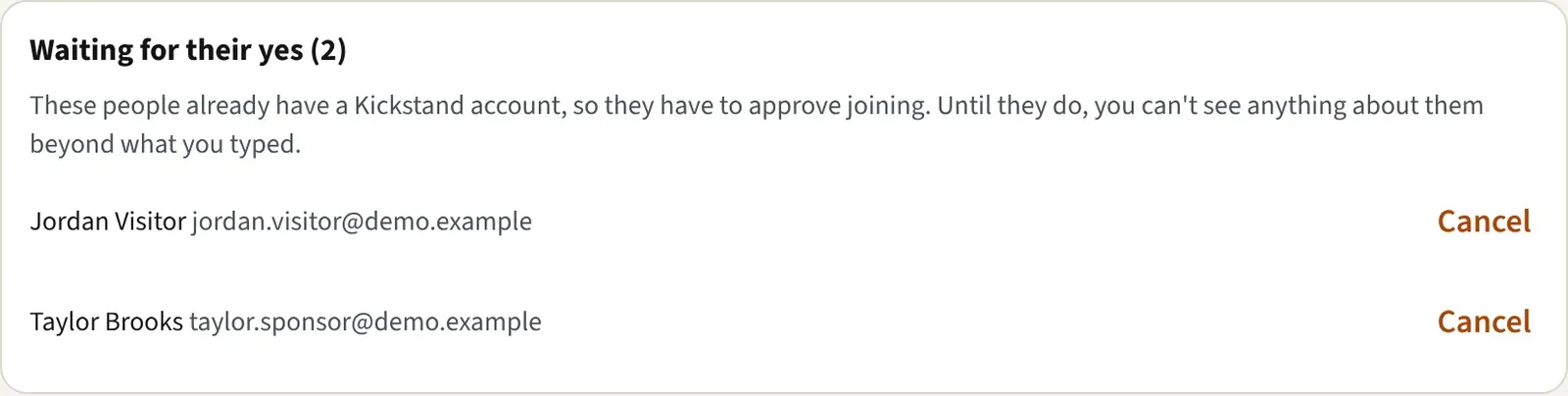 The Waiting for their yes card at the top of Members, with a name, an email, and a Cancel button