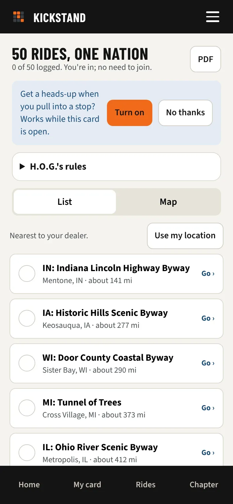A national challenge’s list of stops, nearest first, with Go and Logged on the right