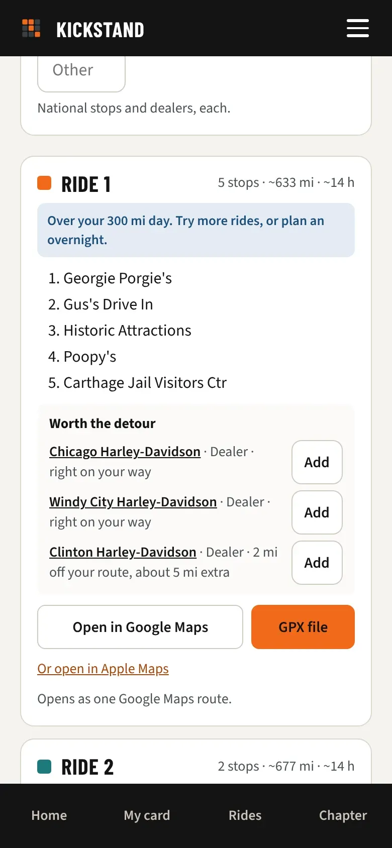 A ride’s Worth the detour box with a national stop and a dealer, each with an Add button