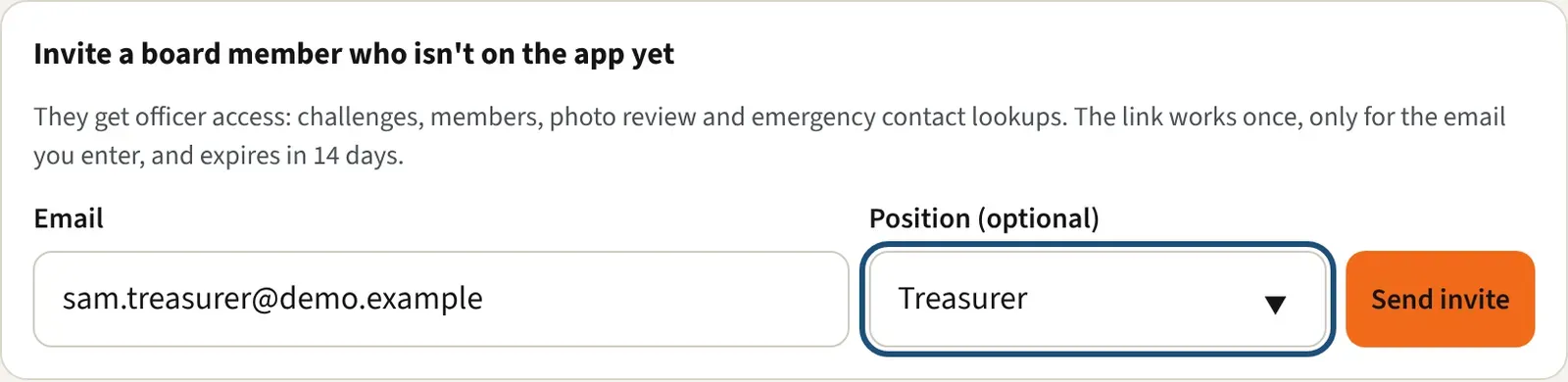 The officer invite form with an email address and a position filled in, ready to send