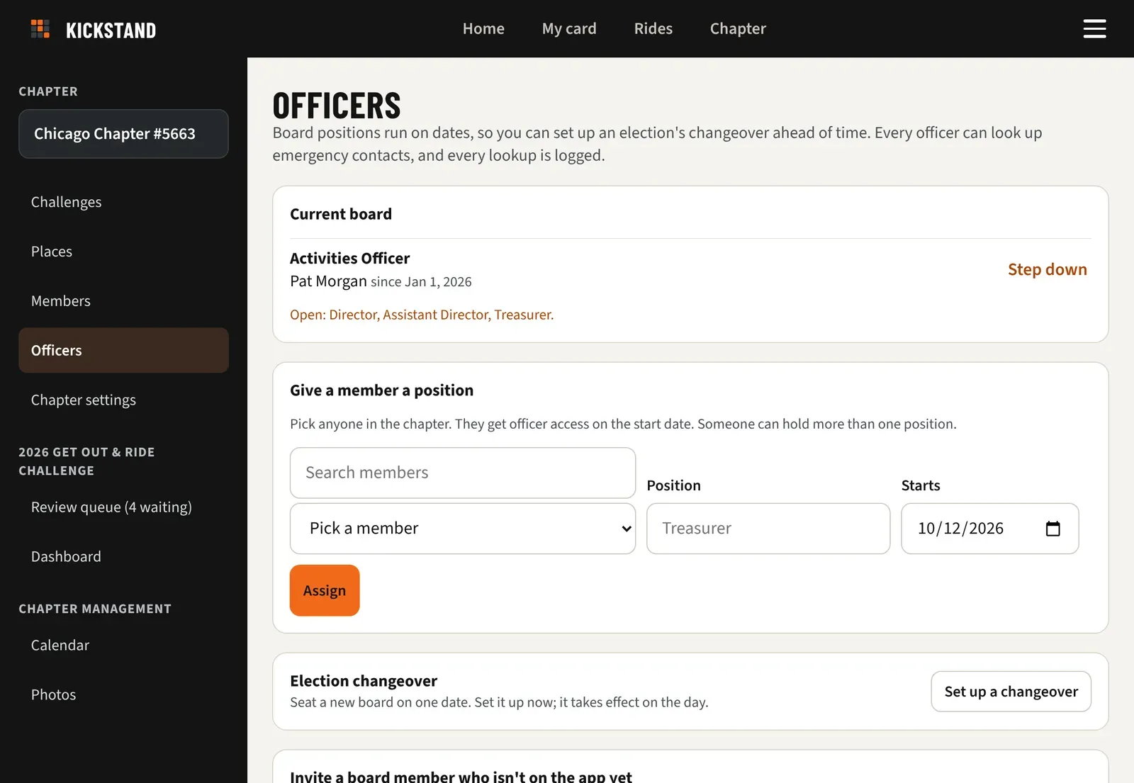 The Officers page with the current board, the Give a member a position form, and the Election changeover card