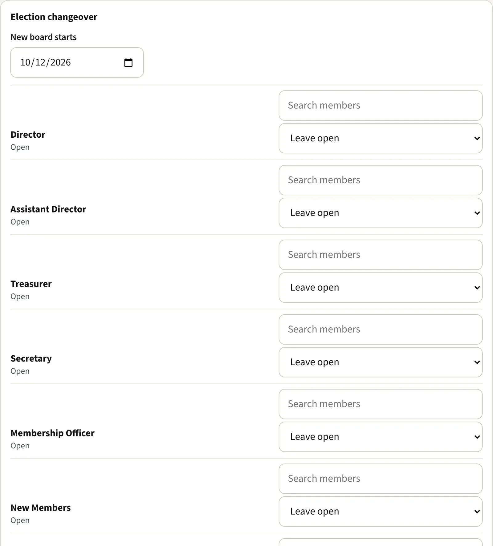 The changeover form with the new board’s start date and a row for every position
