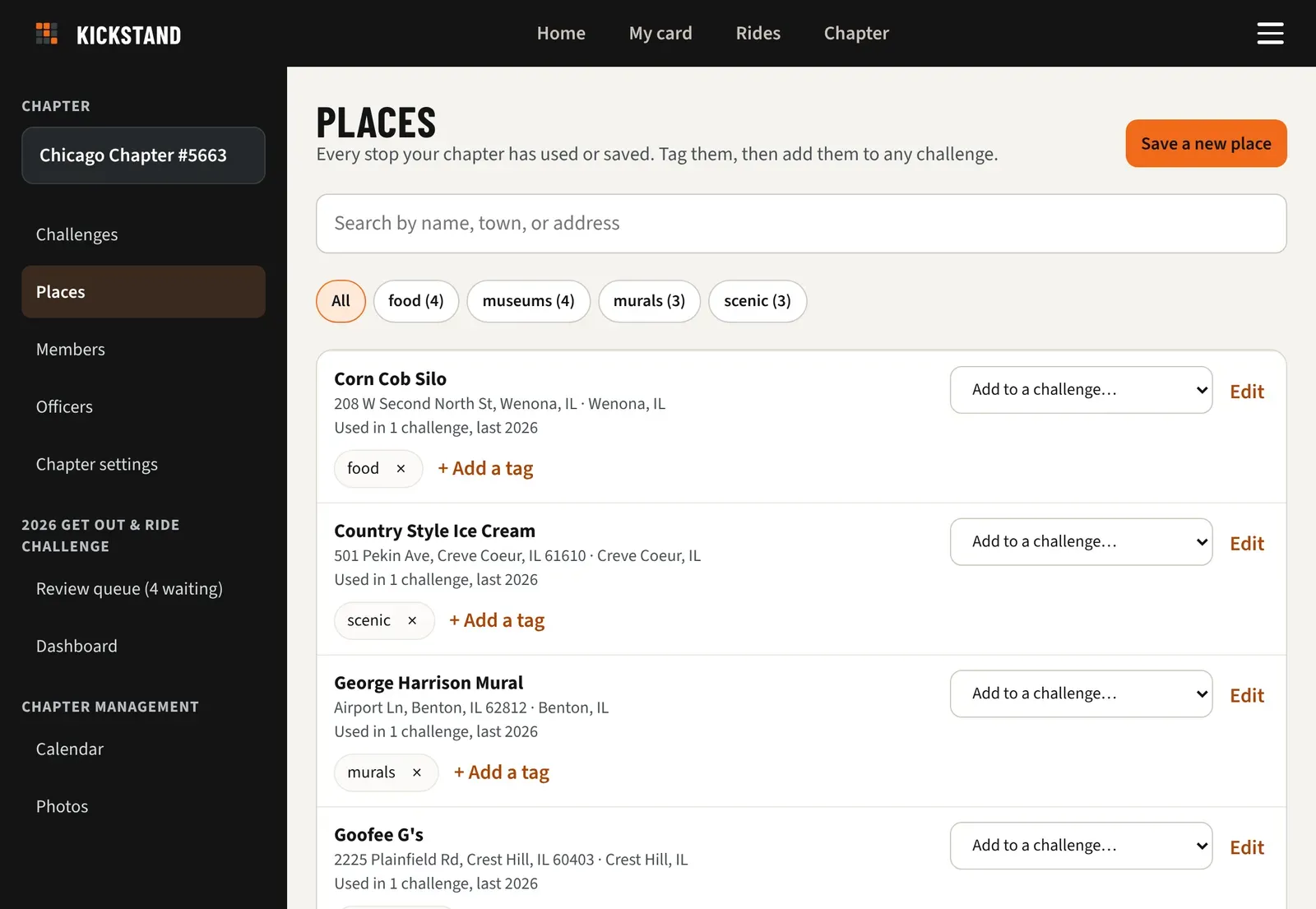 The Places library with tag chips and Add to a challenge menus