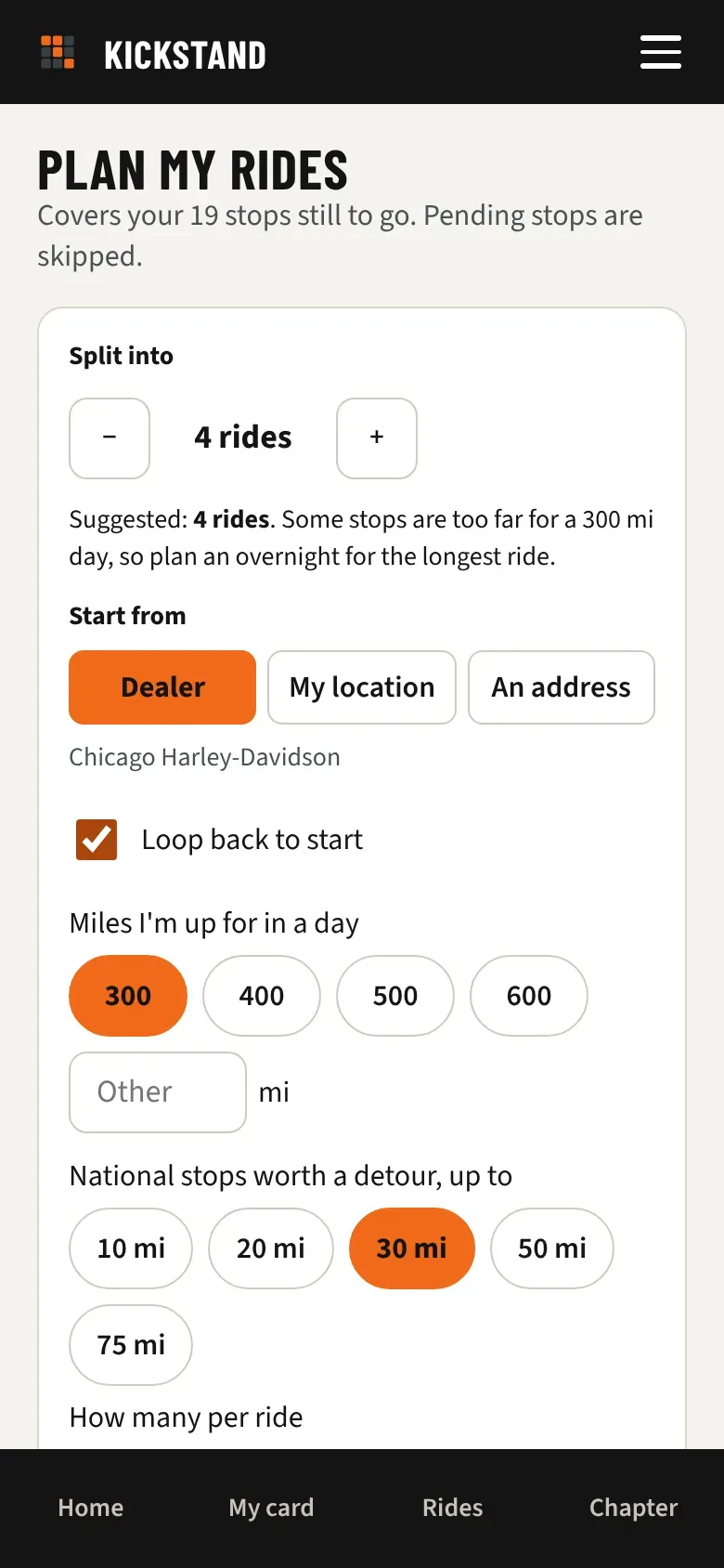 The Rides tab with the ride count, start point, loop box, and daily miles