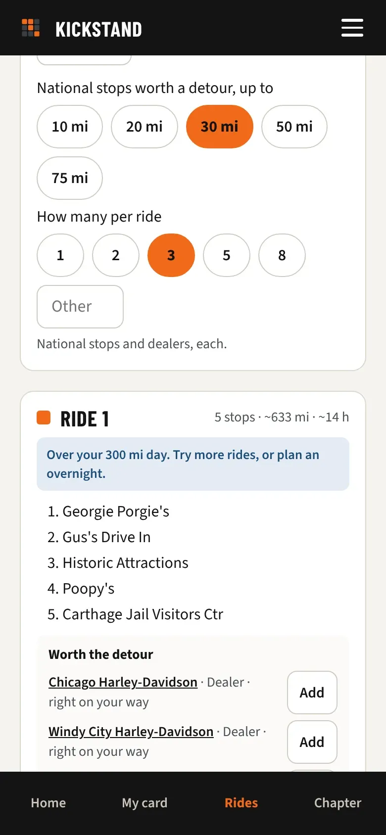 One ride showing its stops, the map app button, and the GPX file button