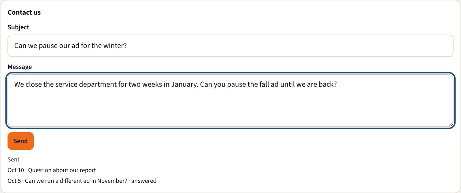 The Contact us form and the Sent list showing earlier messages