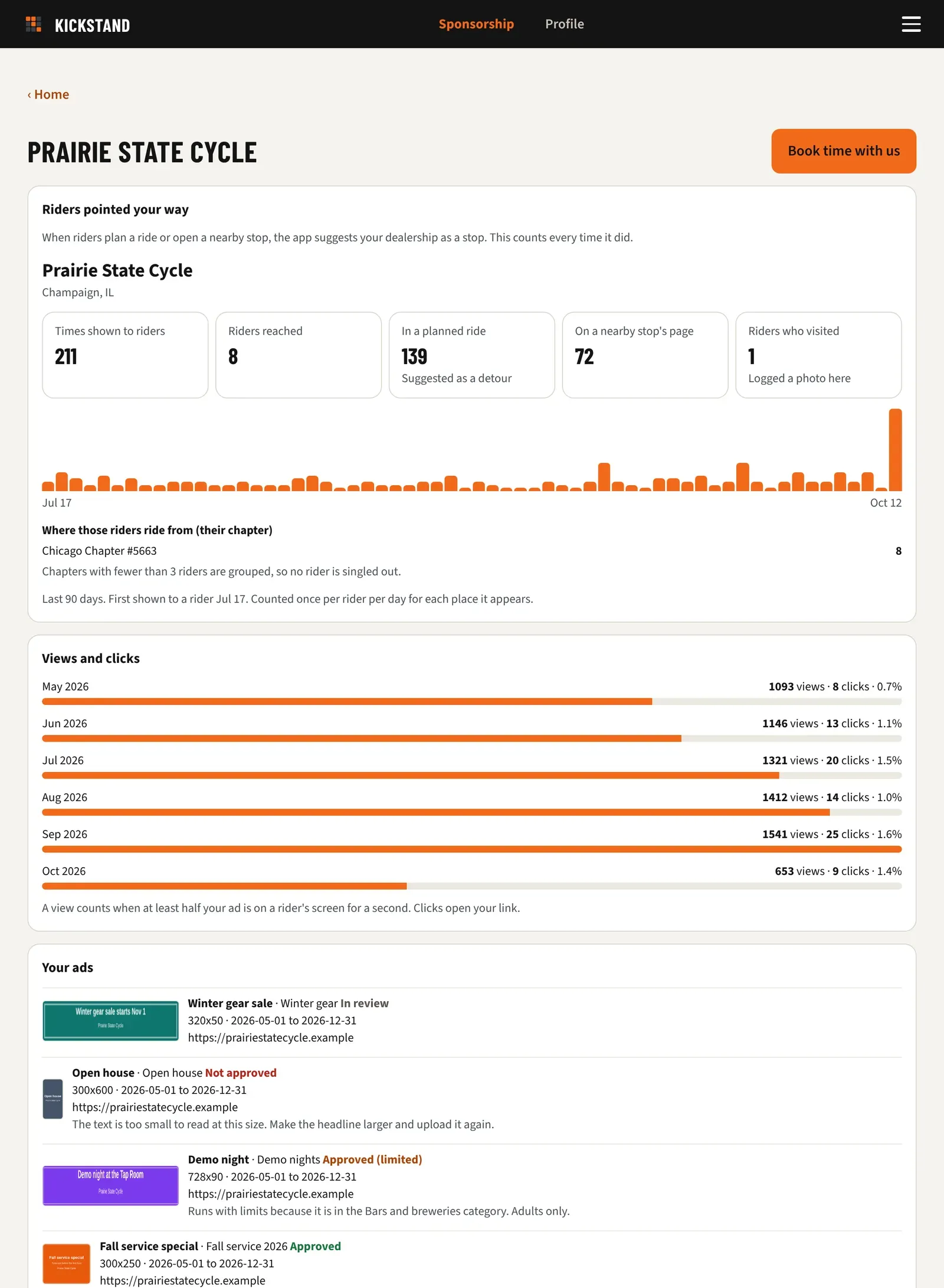 The sponsor portal with the business name, the Book time with us button, and monthly views and clicks