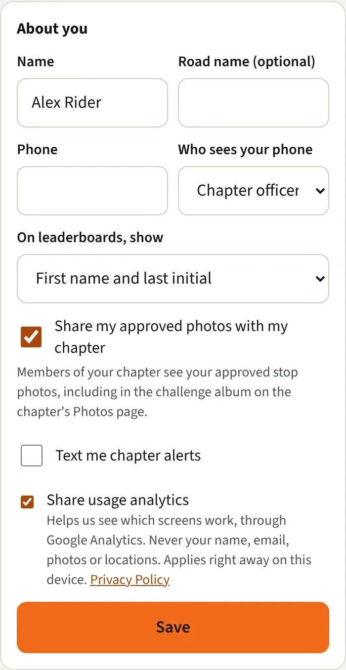 The About you card with name, phone privacy, leaderboard name, and the photo and text choices