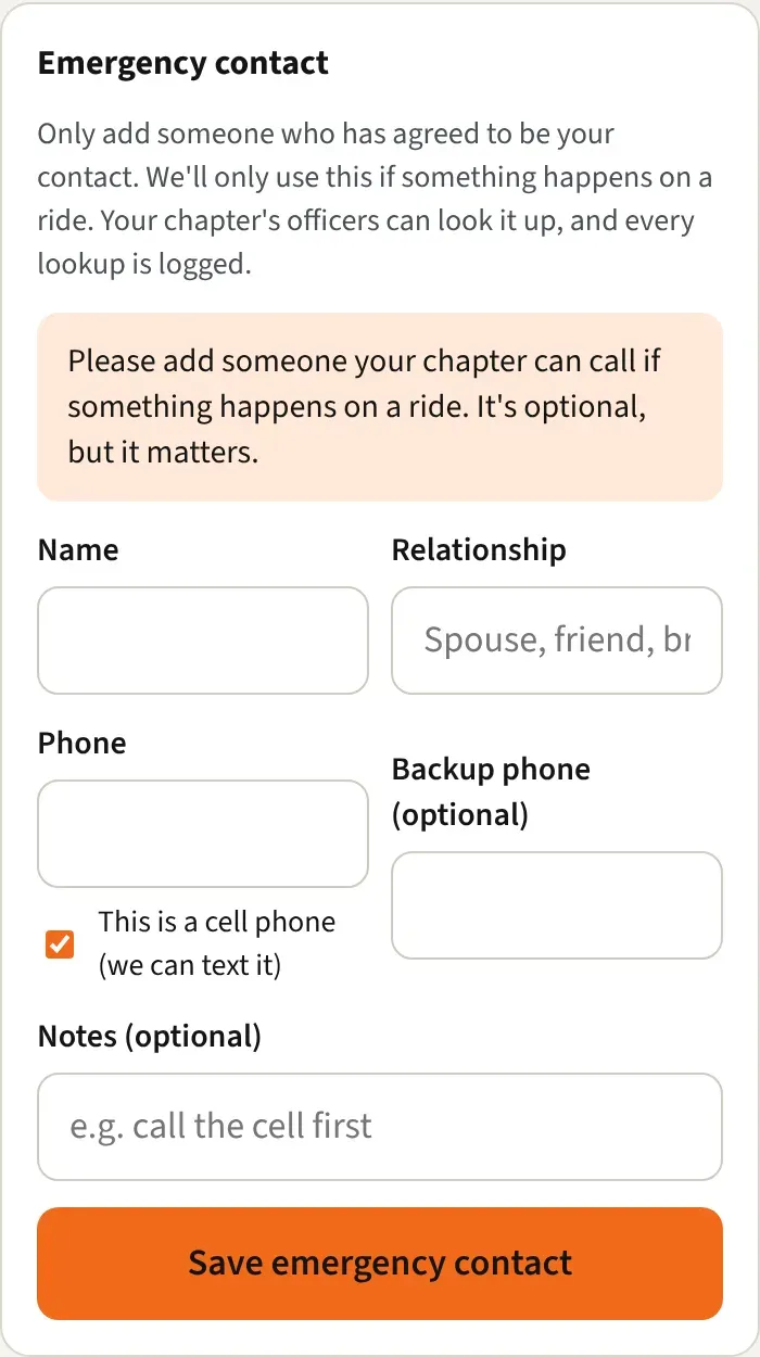 The Emergency contact card with the reminder, the contact fields, and the Save emergency contact button