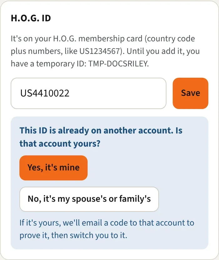 The prompt asking whether the ID on another account is yours, with the two answers
