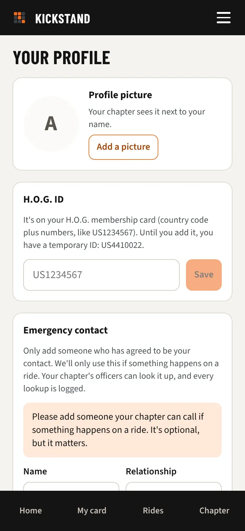 The top of your profile with the picture card and its Add a picture button