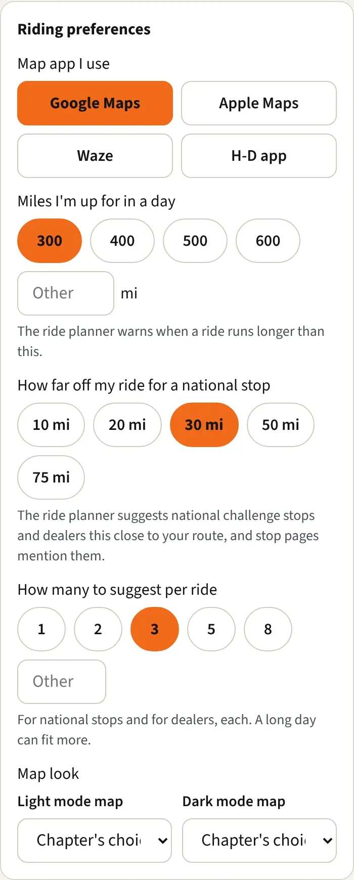 The Riding preferences card with the map app buttons, daily miles, and detour choices