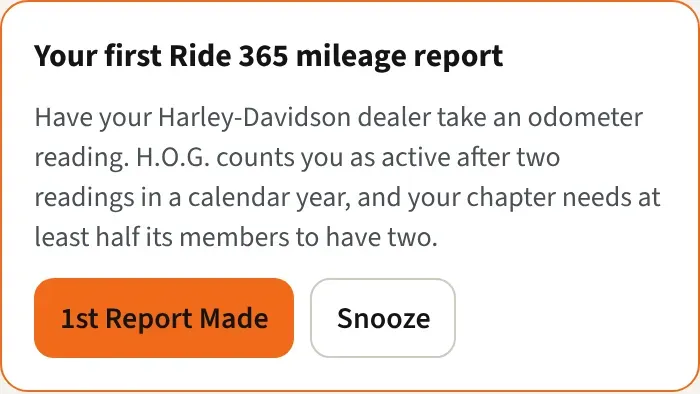 The first Ride 365 mileage report reminder on Home, with the 1st Report Made and Snooze buttons