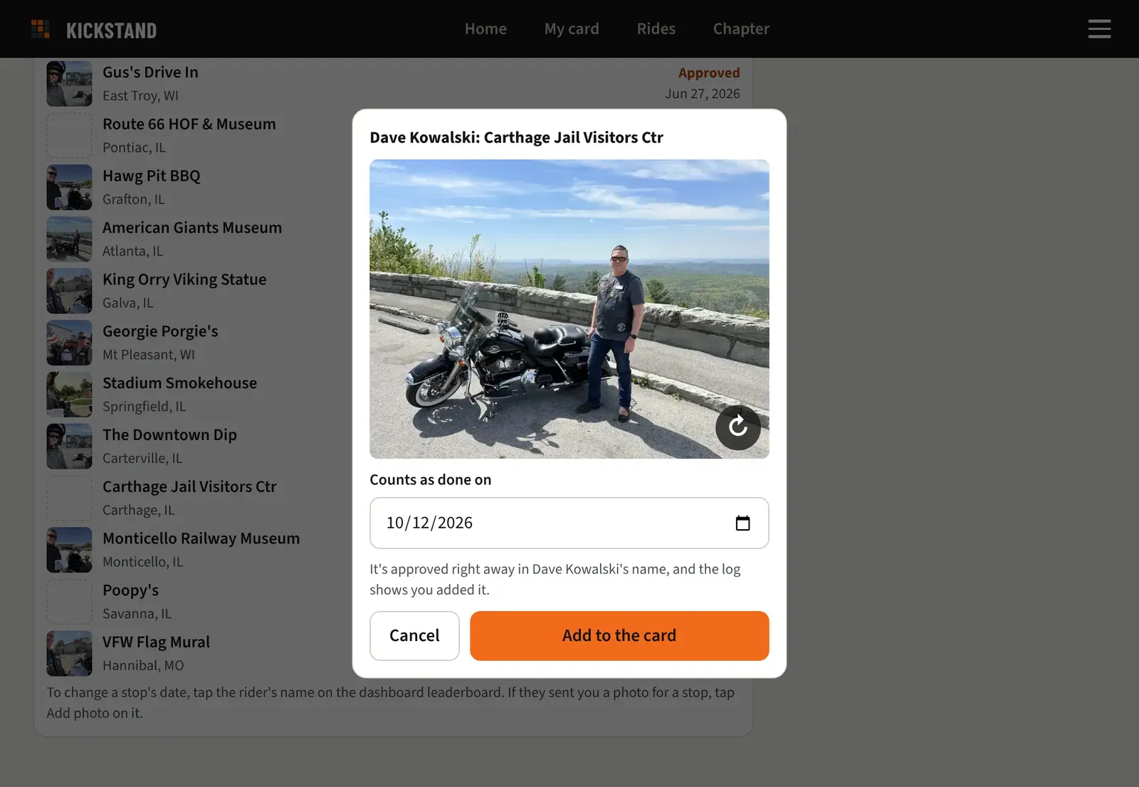 The window for adding a photo, with the photo, the Counts as done on date, and the Add to the card button