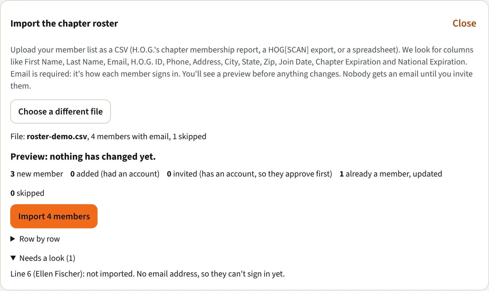 The roster import with a preview showing new members, skipped lines, and the Needs a look list