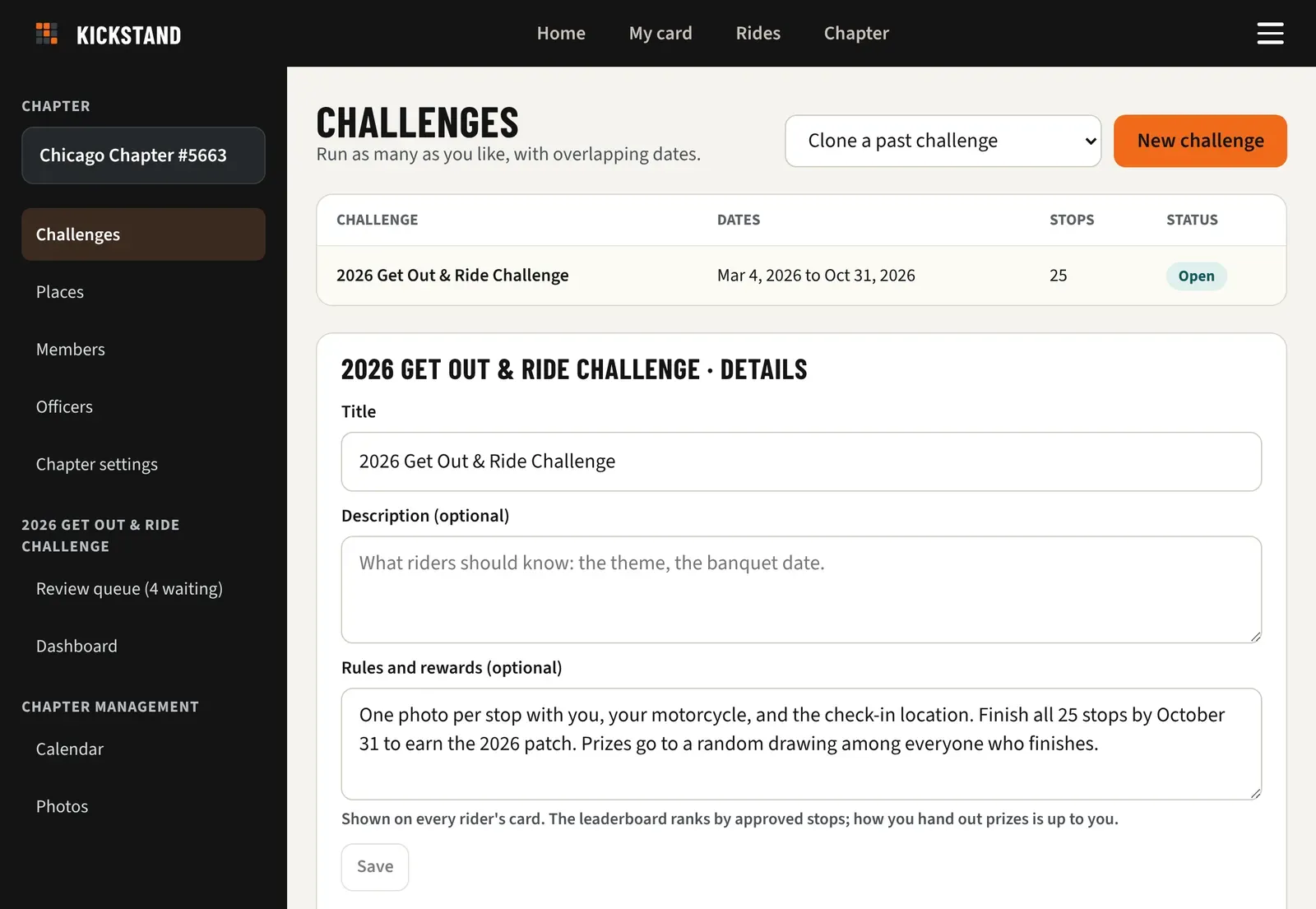 Chapter console on the Challenges page, with the challenge list and the Details form