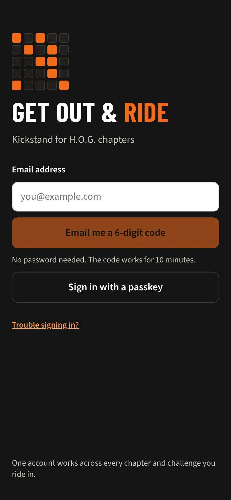 The sign-in screen with the email box, the code button, and the passkey button