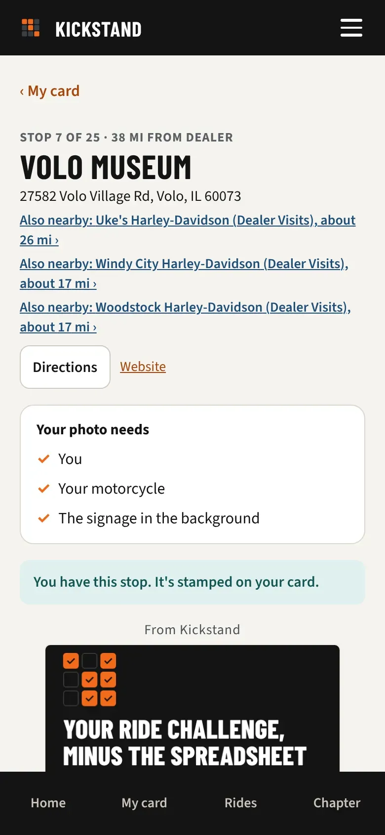 A stop page with the Directions button and Website link under the stop’s name and address